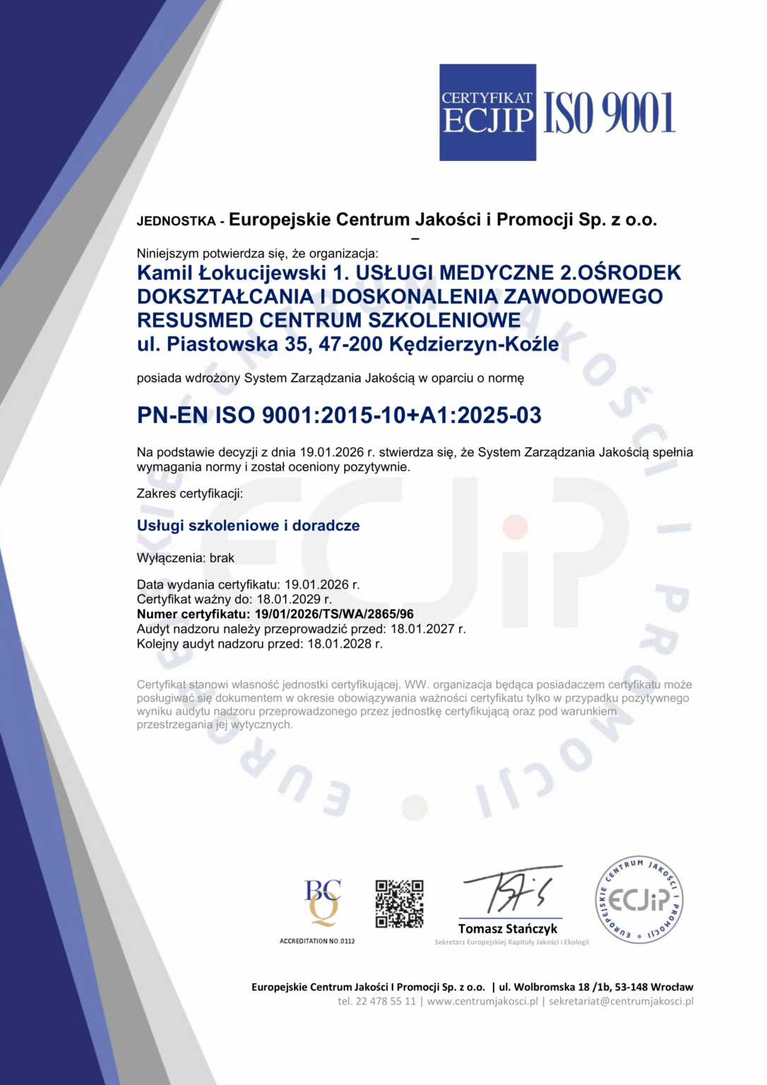 Certyfikat systemu zarządzania jakością ISO 9001 RESUSMED